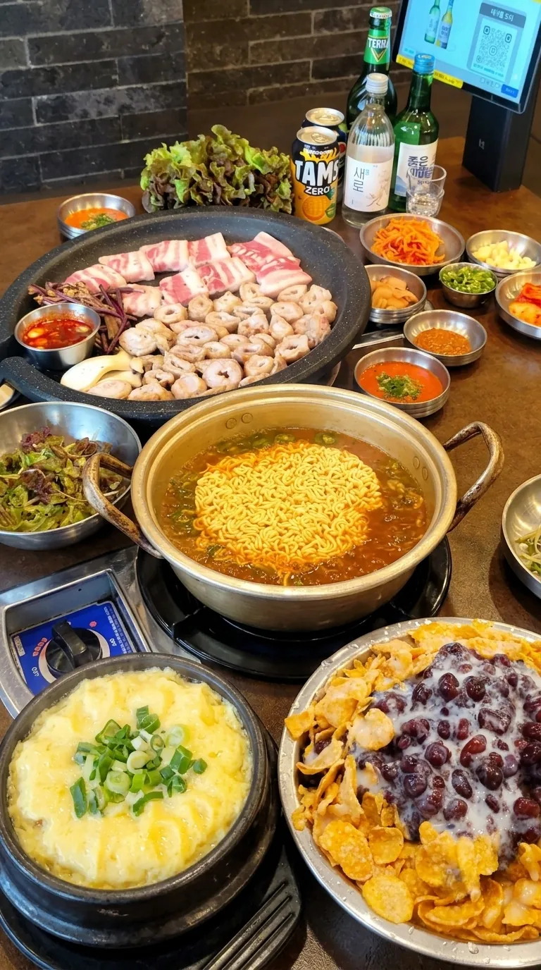 계란찜, 팥빙수, 된장라면이 함께 놓인 테이블